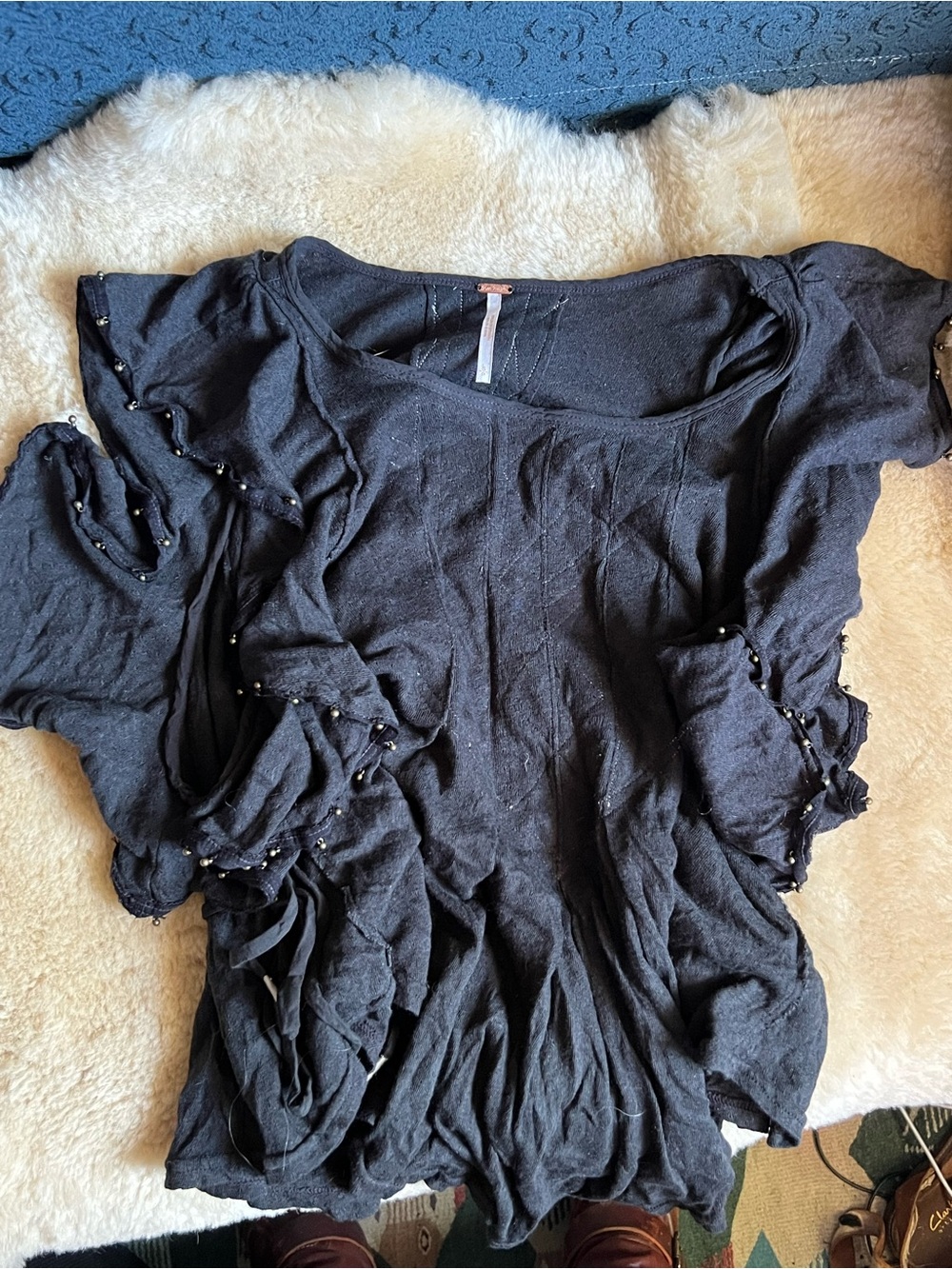 Free people black ruffle tank with brass studs and beads